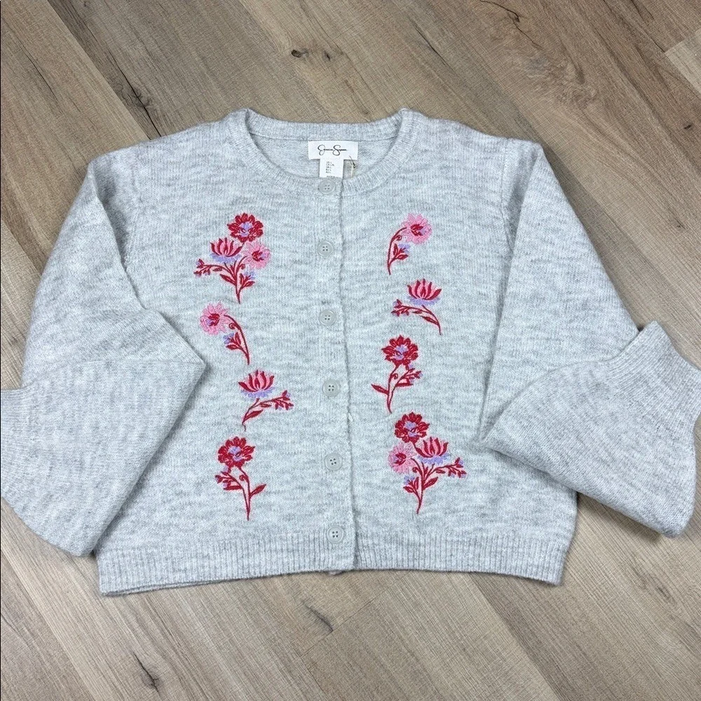 Jessica Simpson Floral Embroidered Cardigan Sweater Gray Pink NWT‎ Women's L